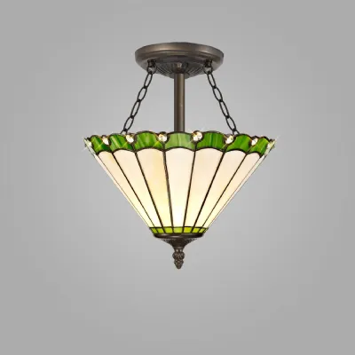 Ware 3 Light Semi Flush E27 With 30cm Tiffany Shade, Green Cream Crystal Aged Antique Brass