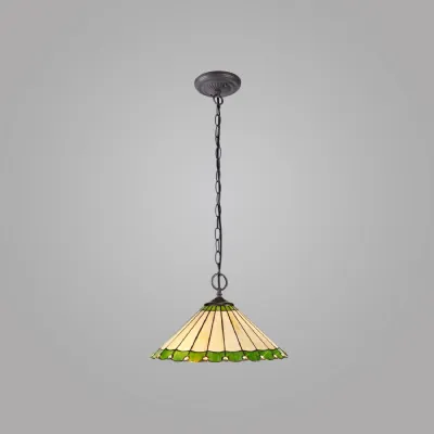 Ware 2 Light Downlighter Pendant E27 With 40cm Tiffany Shade, Green Cream Crystal Aged Antique Brass