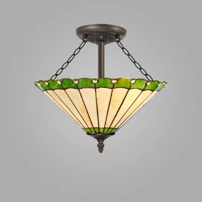 Ware 3 Light Semi Flush E27 With 40cm Tiffany Shade, Green Cream Crystal Aged Antique Brass