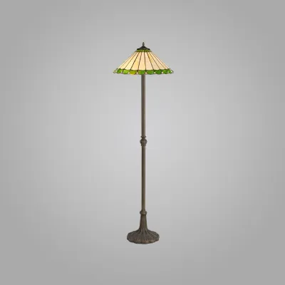 Ware 2 Light Leaf Design Floor Lamp E27 With 40cm Tiffany Shade, Green Cream Crystal Aged Antique Brass