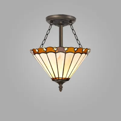 Ware 3 Light Semi Flush E27 With 30cm Tiffany Shade, Amber Cream Crystal Aged Antique Brass