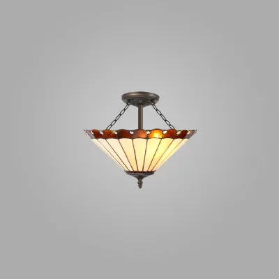 Ware 3 Light Semi Flush E27 With 40cm Tiffany Shade, Amber Cream Crystal Aged Antique Brass