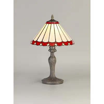 Ware 1 Light Curved Table Lamp E27 With 30cm Tiffany Shade, Red Cream Crystal Aged Antique Brass