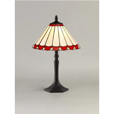 Ware 1 Light Octagonal Table Lamp E27 With 30cm Tiffany Shade, Red Cream Crystal Aged Antique Brass