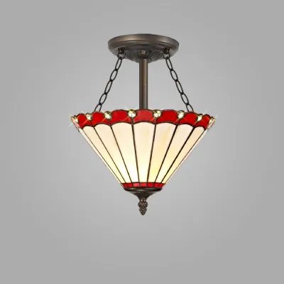 Ware 3 Light Semi Flush E27 With 30cm Tiffany Shade, Red Cream Crystal Aged Antique Brass