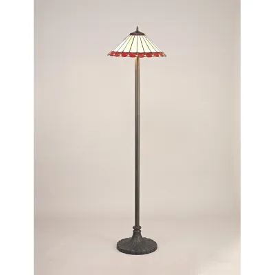 Ware 2 Light Stepped Design Floor Lamp E27 With 40cm Tiffany Shade, Red Cream Crystal Aged Antique Brass