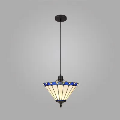 Ware 1 Light Uplighter Pendant E27 With 30cm Tiffany Shade, Blue Cream Crystal Black