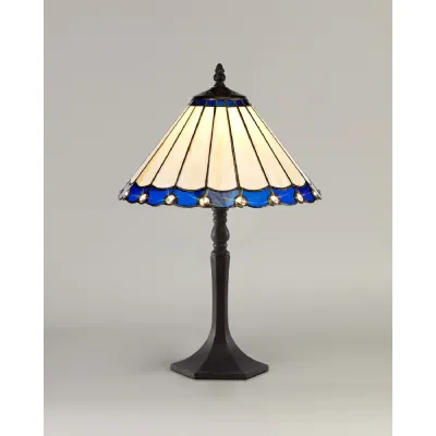 Ware 1 Light Octagonal Table Lamp E27 With 30cm Tiffany Shade, Blue Cream Crystal Aged Antique Brass