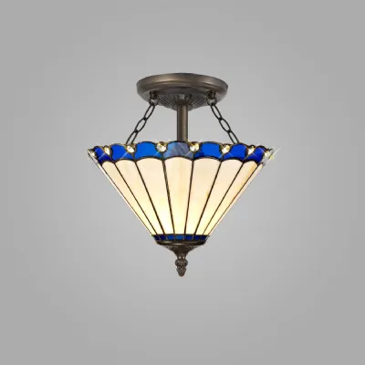 Ware 2 Light Semi Flush E27 With 30cm Tiffany Shade, Blue Cream Crystal Aged Antique Brass