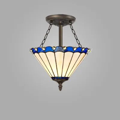 Ware 3 Light Semi Flush E27 With 30cm Tiffany Shade, Blue Cream Crystal Aged Antique Brass