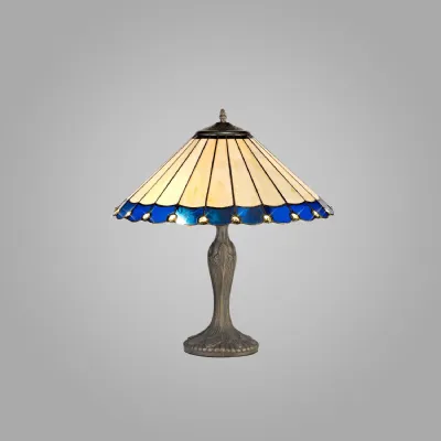 Ware 2 Light Curved Table Lamp E27 With 40cm Tiffany Shade, Blue Cream Crystal Aged Antique Brass