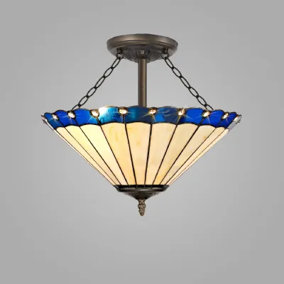 Ware 3 Light Semi Flush E27 With 40cm Tiffany Shade, Blue Cream Crystal Aged Antique Brass