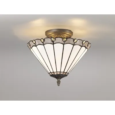Ware 2 Light Semi Flush E27 With 30cm Tiffany Shade, Grey Cream Crystal Aged Antique Brass