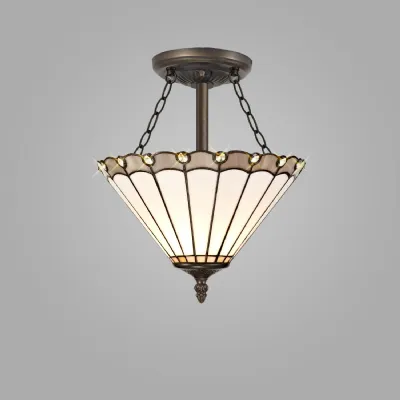 Ware 3 Light Semi Flush E27 With 30cm Tiffany Shade, Grey Cream Crystal Aged Antique Brass