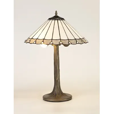 Ware 2 Light Tree Like Table Lamp E27 With 40cm Tiffany Shade, Grey Cream Crystal Aged Antique Brass