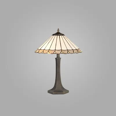 Ware 2 Light Octagonal Table Lamp E27 With 40cm Tiffany Shade, Grey Cream Crystal Aged Antique Brass