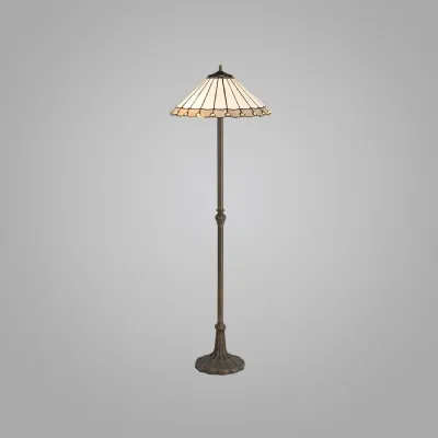 Ware 2 Light Leaf Design Floor Lamp E27 With 40cm Tiffany Shade, Grey Cream Crystal Aged Antique Brass