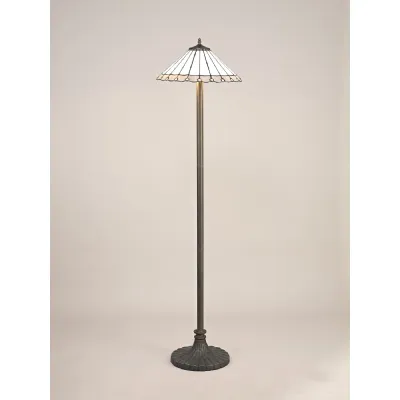 Ware 2 Light Stepped Design Floor Lamp E27 With 40cm Tiffany Shade, Grey Cream Crystal Aged Antique Brass