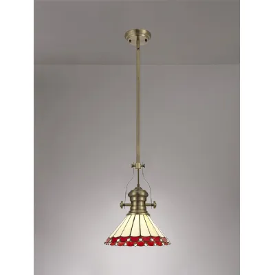 Ware 1 Light Pendant E27 With 30cm Tiffany Shade, Antique Brass Red Cream Crystal