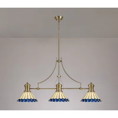 Ware 3 Light Linear Pendant E27 With 30cm Tiffany Shade, Antique Brass, Blue, Cream, Crystal