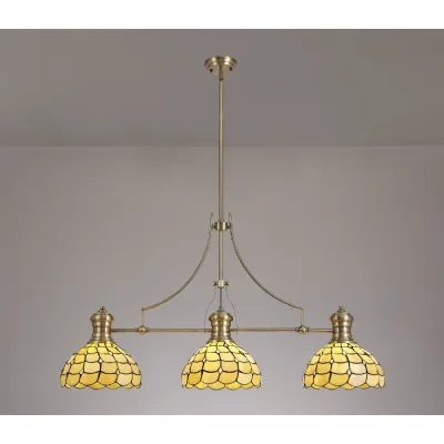 Stratford 3 Light Linear Pendant E27 With 30cm Tiffany Shade, Antique Brass, Beige, Clear Crystal