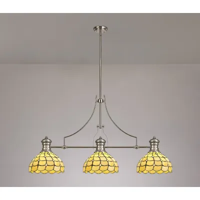 Stratford 3 Light Linear Pendant E27 With 30cm Tiffany Shade, Polished Nickel, Beige, Clear Crystal