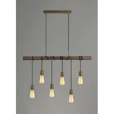Sheerness Pendant, 6 x E27, Medium Oak Antique Brass