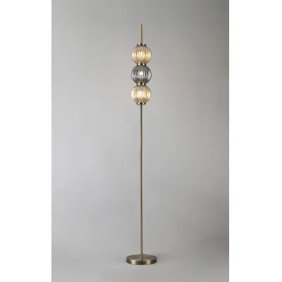 Strand Floor Lamp, 3 x G9, Antique Brass Smoked And Amber Glass