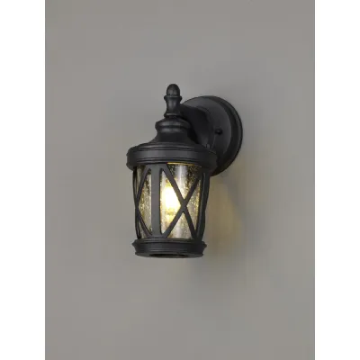 Horsham Down Round Criss Cross Wall Lamp, 1 x E27, IP44, Sand Black Clear Seeded Glass, 2yrs Warranty