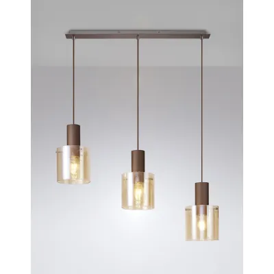 Islington Linear Pendant, 3 Light Adjustable E27, Mocha Amber Glass