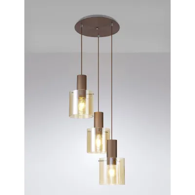 Islington Round Pendant, 3 Light Adjustable E27, Mocha Amber Glass