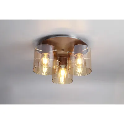 Islington Round Ceiling Flush, 3 Light Flush Fitting, Mocha Amber Glass