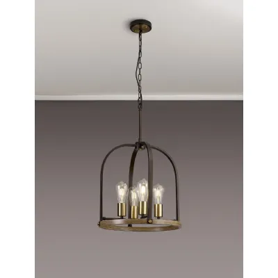 Hastings Pendant Semi Flush Round 4 Light E27, Antique Bronze Brown Oxide Wood