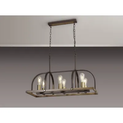 Hastings Pendant Semi Flush Oblong 6 Light E27, Antique Bronze Brown Oxide Wood