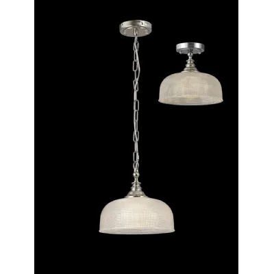 Edenbridge Flush Single Pendant, 1 Light Adjustable E27, Polished Nickel Prismatic Glass