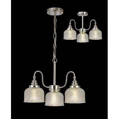 Edenbridge Semi Flush Pendant, 3 Light E27, Polished Nickel Prismatic Glass