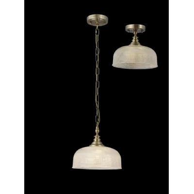 Edenbridge Flush Single Pendant, 1 Light Adjustable E27, Antique Brass Prismatic Glass