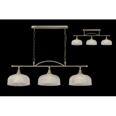Edenbridge Semi Flush Pendant Bar, 3 Light Adjustable E27, Antique Brass Prismatic Glass