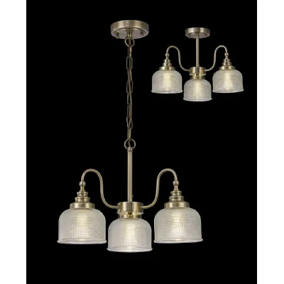 Edenbridge Semi Flush Pendant, 3 Light E27, Antique Brass Prismatic Glass