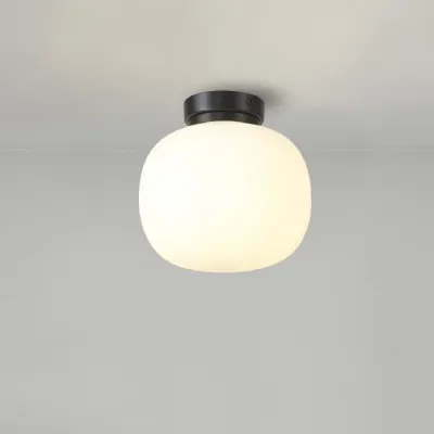 Sevenoaks Small Oval Ball Flush Fitting 1 Light E27 Matt Black Base With Frosted White Glass Globe