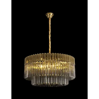 Brass Smoked Sculpted Glass 80cm Pendant 12 E14 Lamp Sockets