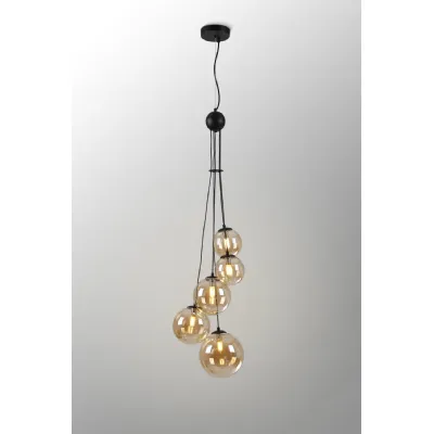 Tenterden Pendant, 5 x G9, Satin Black, Amber Plated Glass