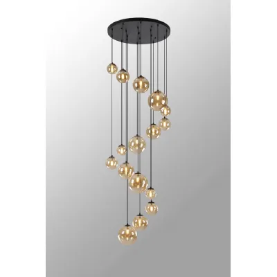 Tenterden Pendant, 16 x G9, Satin Black, Amber Plated Glass