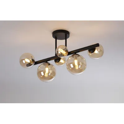 Tenterden Semi Flush Ceiling Light, 6 x G9, Satin Black, Amber Plated Glass