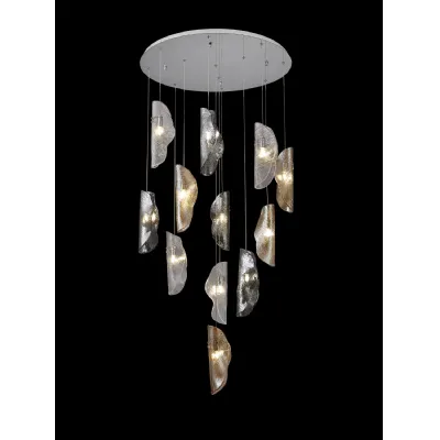 Loughton Pendant 3m, 12 x G9, Polished Chrome Clear And Amber And Smoked Glass
