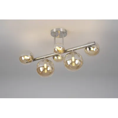 Tenterden Semi Flush Ceiling Light, 6 x G9, Satin Nickel, Amber Plated Glass