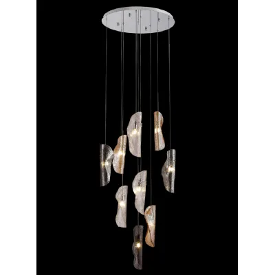 Loughton Pendant 3m, 9 x G9, Polished Chrome Clear And Amber And Smoked Glass