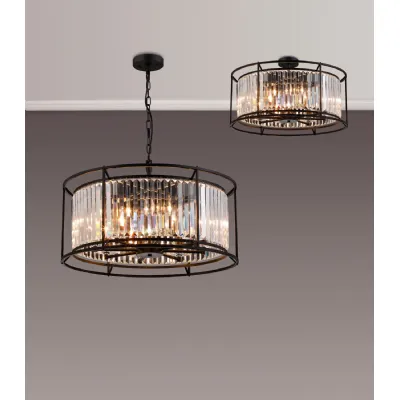 Erith Pendant Semi Ceiling Convertible, 8 x E14, Satin Black Clear