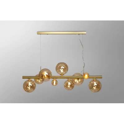 Tenterden Linear Pendant, 9 x G9, Satin Gold, Amber Plated Glass