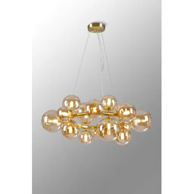 Tenterden Circular Pendant, 16 x G9, Satin Gold, Amber Plated Glass